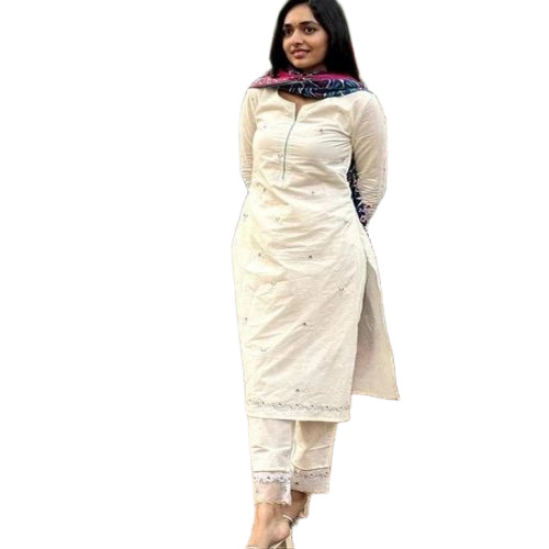Ladies Whtie Cotton Kurti Pant Set