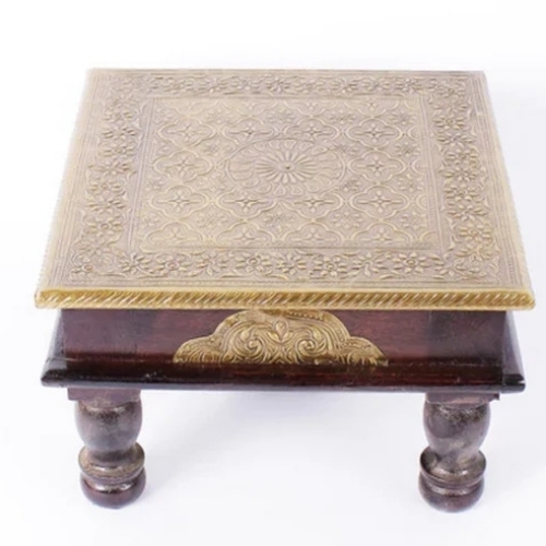 Multicolour Solid Wood Brass Fitted Chowkie