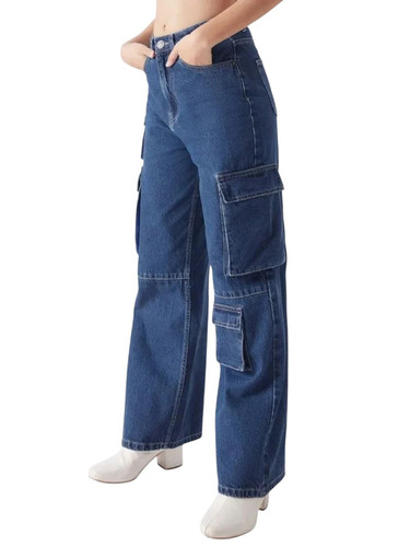 Plain Blue Denim Women Cargo Jeans