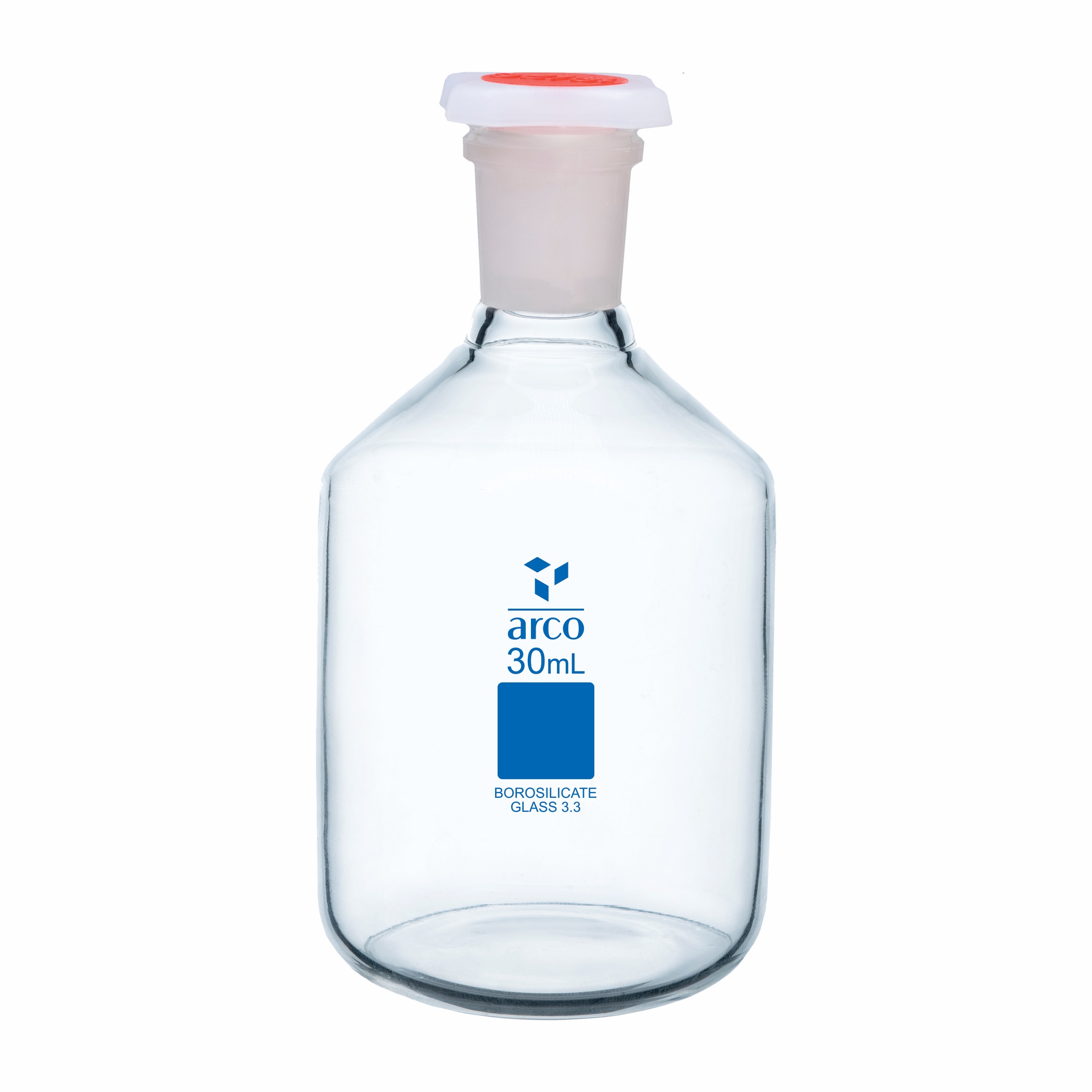 BOTTLES, REAGENT, NARROW NECK, WITH PP STOPPER 2060990/A 30ml 36 mm Height 78 mm Neck Size 14/23 Pack of 10