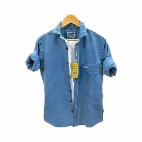 Men Blue Solid Denim Shirt