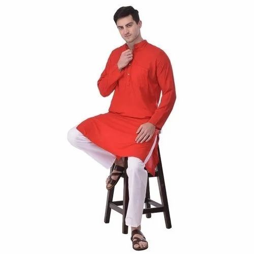 Plain Red Cotton Kurta Pajama