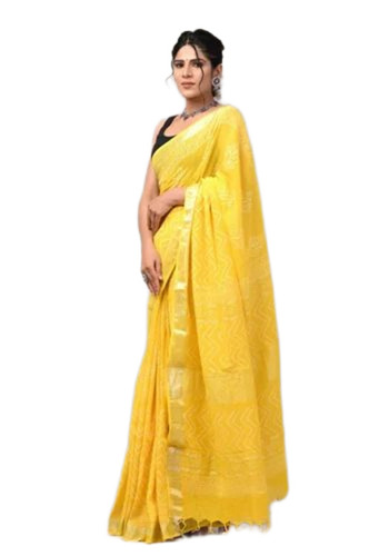 Yellow Printed Linen Saree