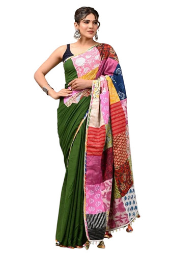 Green Cotton Mulmul Saree