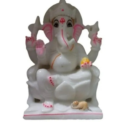 Lord White Marble Ganesh Statue - Marble, White | Hand Carved, Detailed Craftsmanship, Polished Surface, Intricate Design