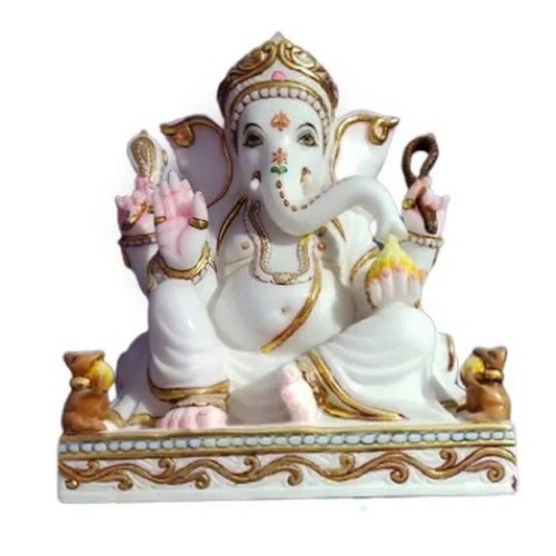 Marble Lord Ganesh Statue - White Marble, Polished Surface | Hand Carved, Intricate Detailing, Smooth Finish, Durable Material, Elegant Design