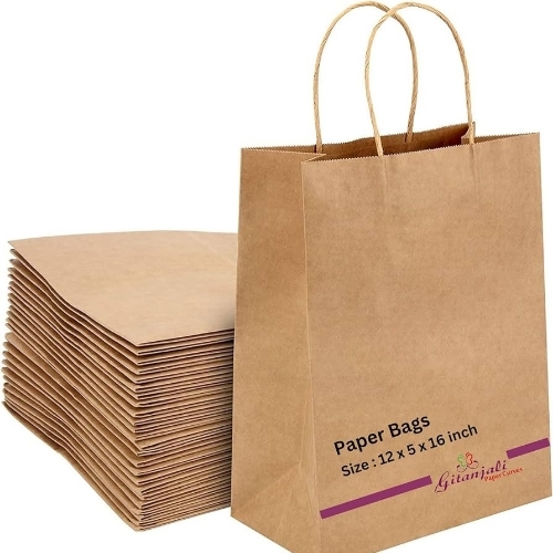 Paper Carry Bag - Kraft Paper 12x5x16 Inch, Brown, Fine Finished | Patch Handle, Eco Friendly, Durable, Plain Pattern