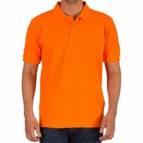 Men Orange Polyester Collar T Shirt