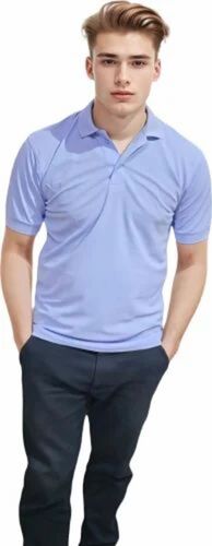 Men Sky Blue Polyester Collar T Shirt