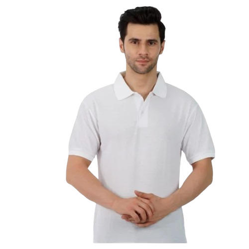 Men White Polyester Collar T Shirt