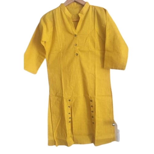 Ladies Cotton Kurti - Standard Size, Yellow, Plain | Shrink Resistant, Washable, Smooth Texture, Long Sleeve, Casual Daily Wear