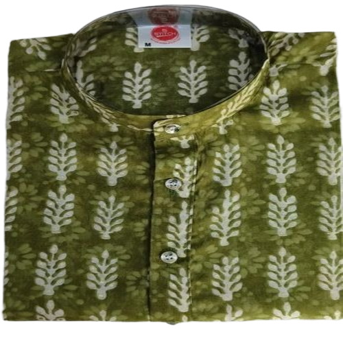 Men Short Kurta - Cotton, L/M/S, Green, Full Sleeves Stitched | Breathable, Anti Wrinkle, Embroidered, Washable