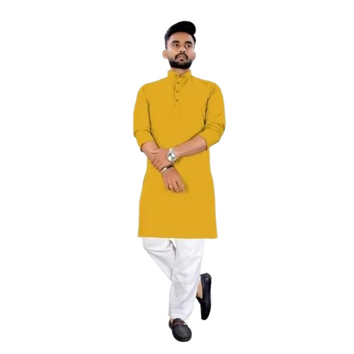 Men Yellow Cotton Full Sleeve Kurta, Machine Made Embroidered, Anti Wrinkle Breathable