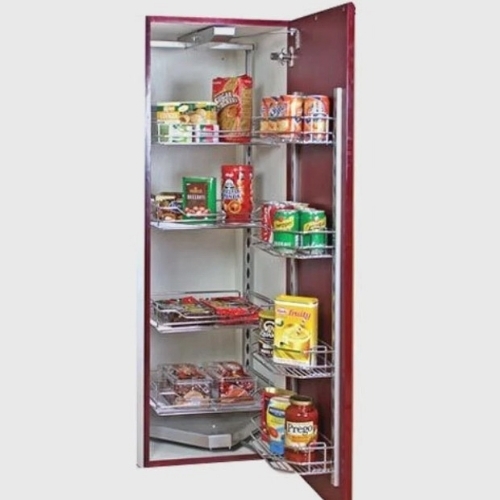 Modular Kitchen Pantry Unit - Stainsteel Aluminum, Maroon, Mdf Doors, Soft-close Drawers, Pull-out Shelves, Space-saving Vertical Design