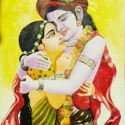 Handmade Krishna Radha Oil Paintings - Canvas, 10x20 Inch, Multicolor | Fancy, Decorative, Hand-Painted Rectangle, Modernism Style