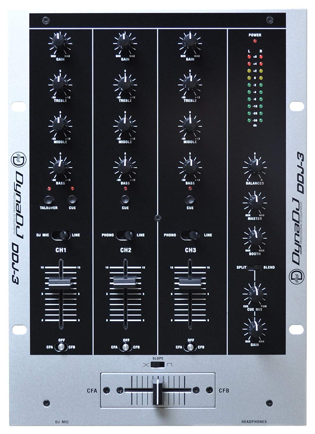 Dynatech DDJ 3 Mixer - Metal, 19.5x12.5x3.5 Inch, Gray | 3-Channel Mixing, USB Port, Headphone Monitoring