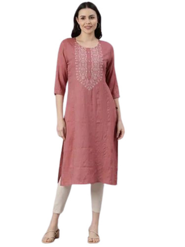 Ladies Peach Casual Wear Embroidered Cotton Kurti