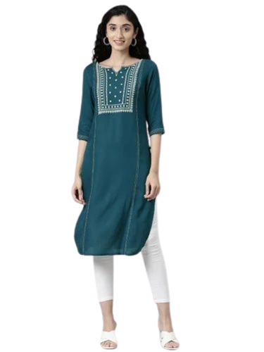 Ladies Peacock Green Embroidered Cotton Kurti