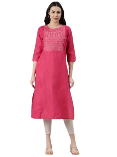 Ladies Pink Cotton Kurti - Regular Fit, Half Sleeves, Embroidered | Breathable, Anti UV, Quick Dry, Comfortable Fit
