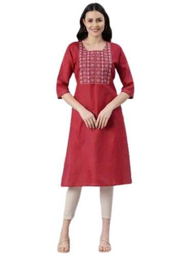 Ladies Red Cotton Embroidered Kurti - Regular Fit, Half Sleeves, Machine Washable, Breathable, Anti UV, Quick Dry