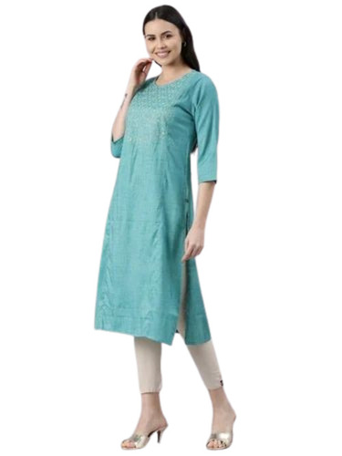 Ladies Turquoise Blue Cotton Emboidered Kurti