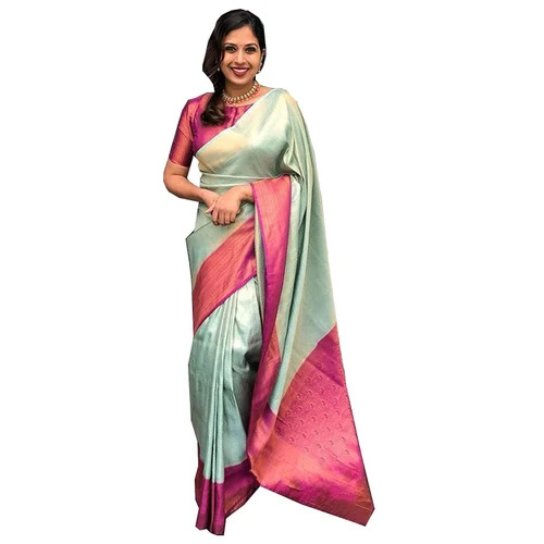 Shreekala Kanchipuram Banarasi Lichi Silk Saree - 5.2m, White Red | Plain Pattern, Party Wear, No Shrinkage