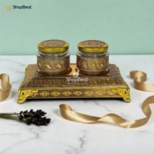 Golden Oxidised 2 Jar Dry Fruit Box with Decorative Tray, Box Capacity: 250 gms