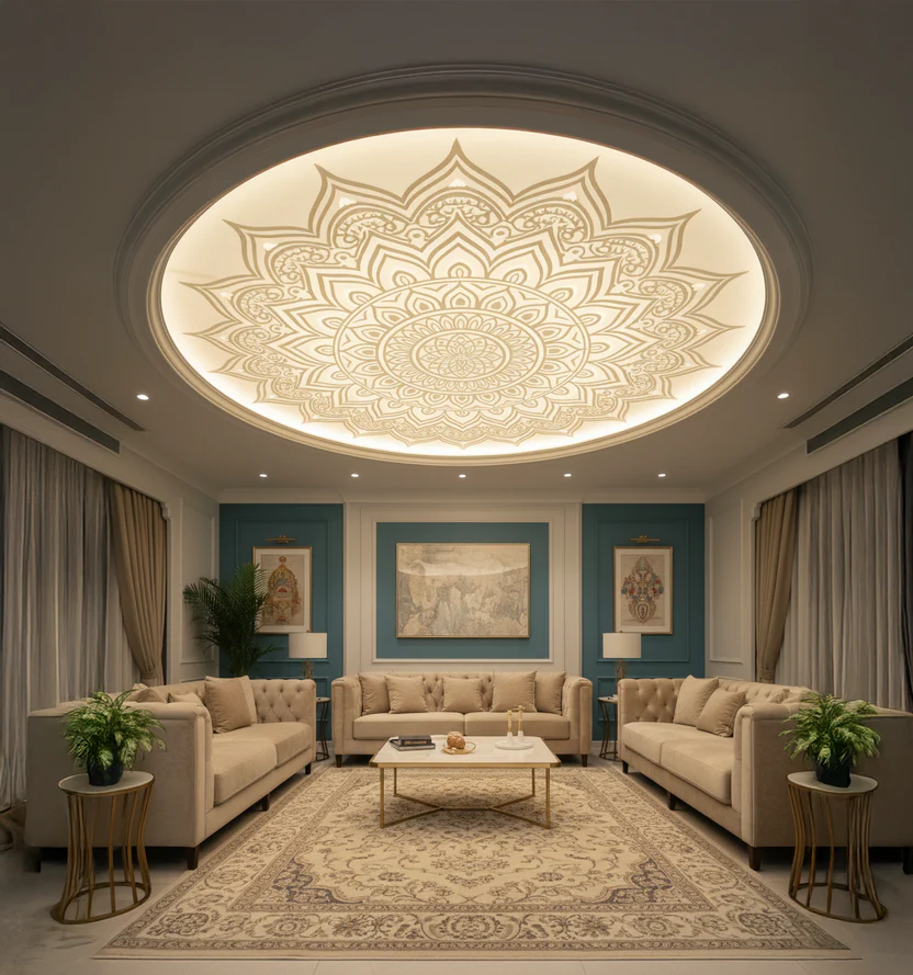 Designer Printed Round Led Stretch Ceiling - Size: As Per Order
