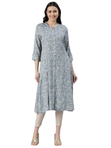 Grey Printed Cotton Kurti - Regular Fit, Half Sleeves, Lightweight | Breathable, Anti UV, Quick Dry, Comfortable Fit