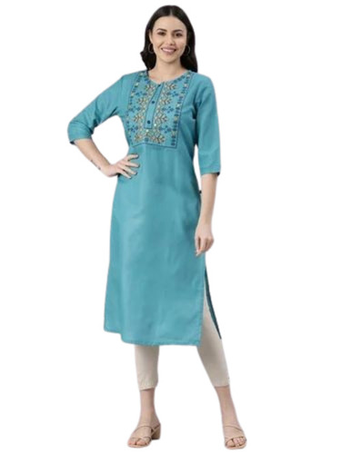 Ladies Sky Blue Casual Wear Embroidered Cotton Kurti