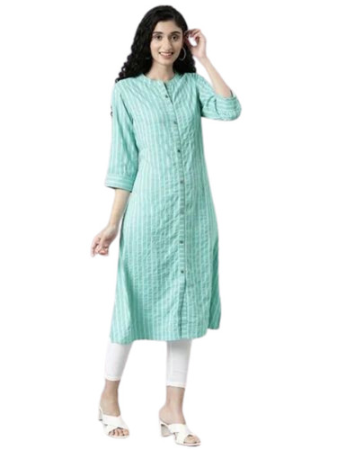 Sky Blue Chanderi Cotton Striped Kurti - Regular Fit, Half Sleeves, Various Sizes | Breathable, Anti Wrinkle, Quick Dry, Comfortable Fit