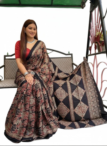 5.2m Black Digital Printed Linen Saree