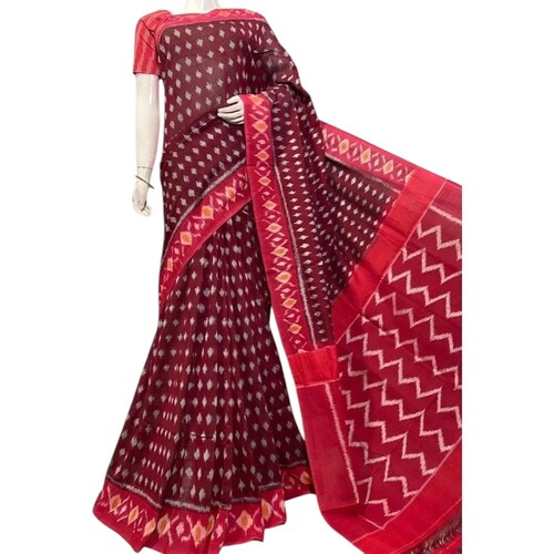 Red Casual Wear Digital Printed Linen Saree - 5.2m, Red, Zari Work | Lightweight, Breathable, Easy Wash
