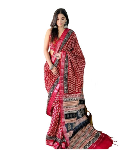 Red Casual Wear Printed Linen Saree - Feature: Easy To Wash