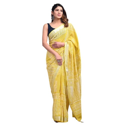 Yellow Digital Printed Linen Saree - Feature: Easy To Wash