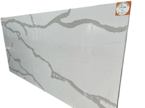 White Statuario Quartz Stone Slab - 30mm Thickness, Rectangular, White | Durable, Fine Finished, Designer Pattern