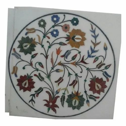 Square Marble Inlay Flooring - Marble, 5 mm Thickness, White, Polished, Wear-Resistant