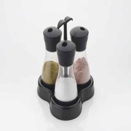 3 Jars Rotating Spice Rack - Plastic, Black, Polished Finish | Modern Kitchen Storage
