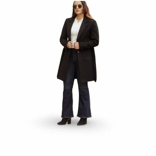 Women Black Long Coat - Woolen Full Sleeves, Button Closure | Anti Wrinkle, Warm, Washable
