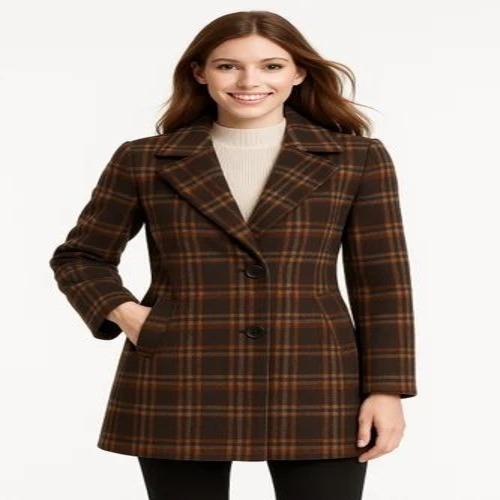 Women Check Long Coat - Woolen, Full Sleeves, Brown | Anti Wrinkle, Fancy, Warm, Washable, No Fade