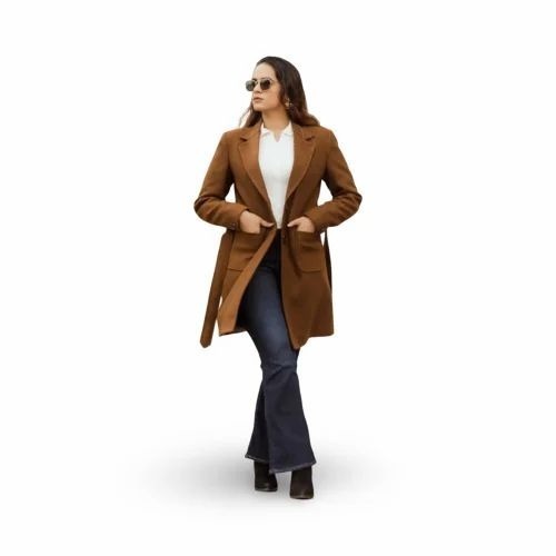 Women Woolen Long Coat - Woolen, Brown, Full Sleeves, Button Closure | Anti Wrinkle, Washable, Warm, No Fade