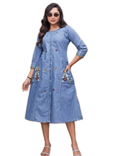 Soft Fabric Ladies Kurtis - Cotton, Plus Size, Blue | Anti Wrinkle, Quick Dry, Washable, Printed Pattern, Short Sleeve