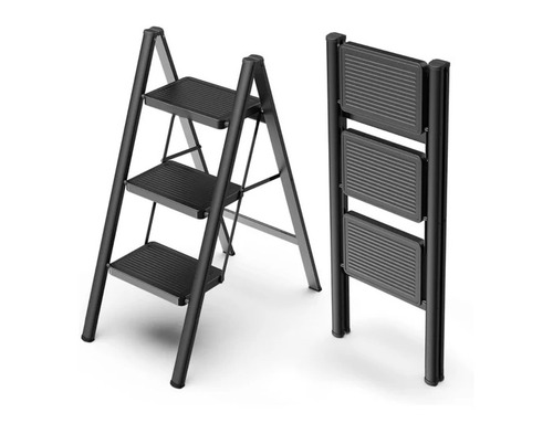 MS 3 Step Folding Ladder - Black Mild Steel, Foldable Design | Non-Slip Pedals, Rubberized Feet, Easy to Use