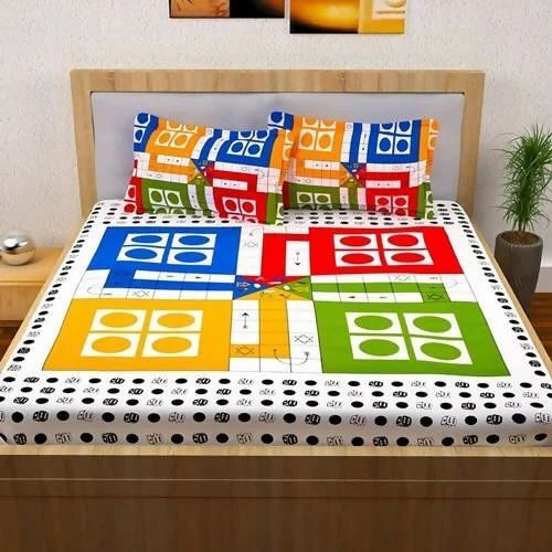 Ludo Bedsheet With Dice - 100% Cotton Full Size, Multicolor | Modern Printed, Washable, Eco Friendly