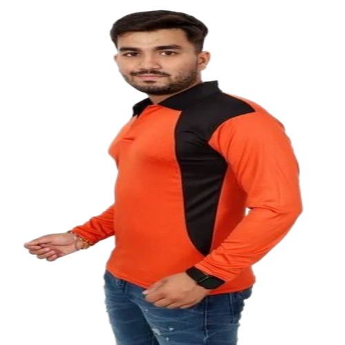 Men Full Sleeves T Shirt - Cotton, L-XXL, Orange | Polo Collar, Printed, Fancy and Comfortable