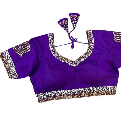 Designer Readymade Blouses - Silk, L-XXL, Blue, V-Neck, Short Sleeves, Embroidered | Anti Wrinkle, Fancy, Comfortable, Washable