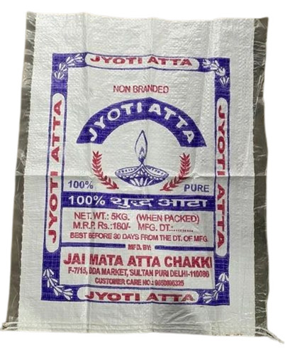 5kg Laminated Bopp Printed Flour Packaging Bag - BOPP Material, 5 Kg, White, Resealable Closure, Waterproof, Eco Friendly, Fine Finish