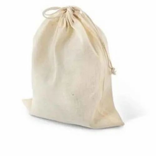 Plain Drawstring Bag - Cotton Fabric 100gm Off White Customized Design Handles Drawstring Closure