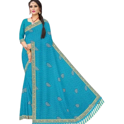 Ladies Blue Cotton Saree - Printed, Regular Fit, Lightweight | Soft, Breathable, Comfortable Party Wear