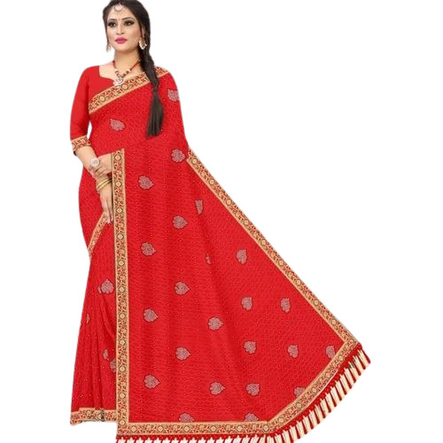Ladies Red Cotton Saree - Regular Fit, Printed Pattern, Machine Wash, Lightweight, Soft and Breathable